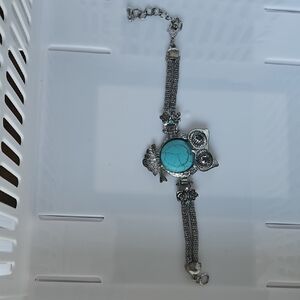 Silver and Turquoise Owl Bracelet Adjustable 7"-9.5"